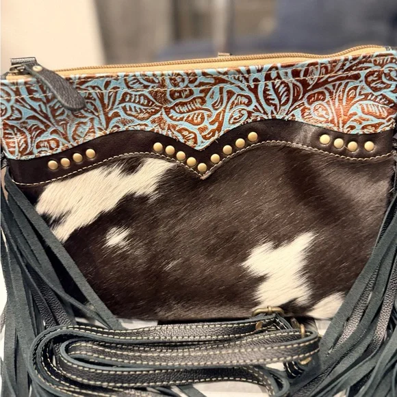 Myra Black and Turquoise Leather Hairon Crossbody- Used - Picture 2 of 5